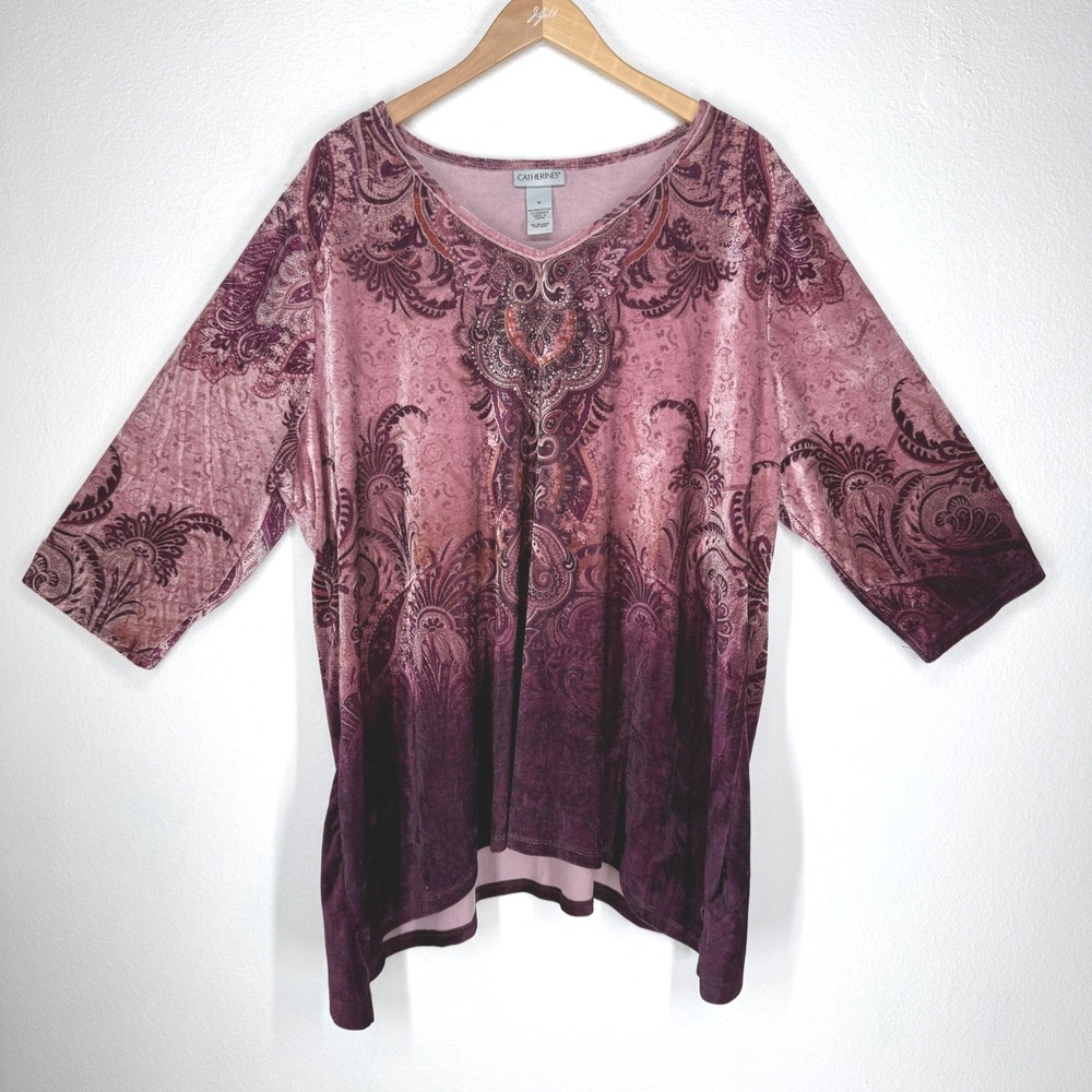 Catherines Boho Paisley Tunic Top Velour Rhinestone‎ Purple Plus 1X Ombre Gypsy